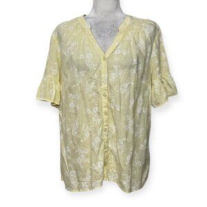 Naturals D&CO. Linen Blend Floral Button Front Blouse Yellow Size M Light Summer